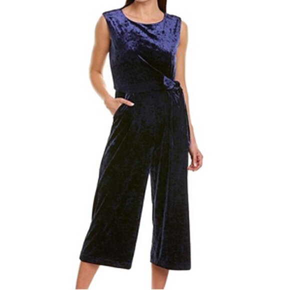 Tahari ASL Size 10 Sleeveless Velvet Cropped Jumpsuit Navy Blue Ties Pockets - Picture 1 of 14